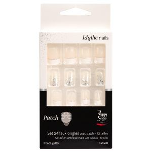 Juego de 24 uñas artificiales con parche - French glitter