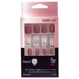 Juego de 24 uñas artificiales con parche - pink sparkle